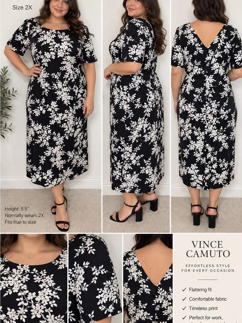 Vince Camuto Black & White Floral Midi Dress